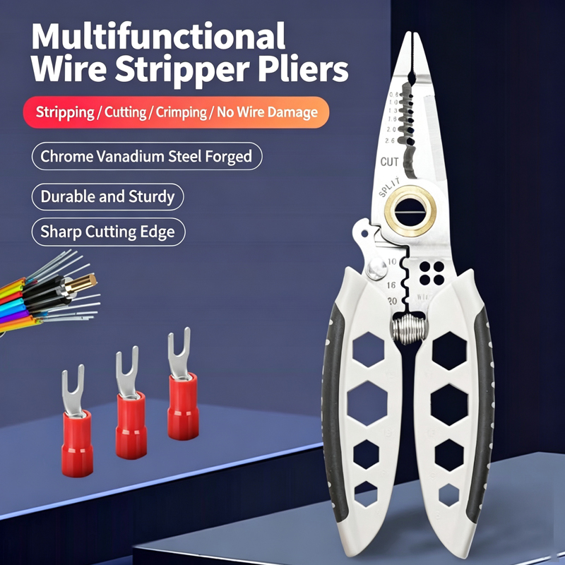 Pliers - คีมปากแหลมอเนกประสงค์สำหรับช่างไฟฟ้า พร้อมฟังก์ชันปอกสายไฟ ตัดสายเคเบิล และย้ำหัวสาย พร้อมรูหกเหลี่ยมสำหรับงานไฟฟ้าภายในบ้าน